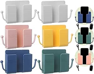 6 Pieces Wall Mount Phone Holder Self-Adhesive Wall Beside Organizer Storage Box Plastic Charging Phone Stand Remote Wall-Mounted Phone Brackets Holder for Bedroom (White, Yellow, Green, Pink, Blue)