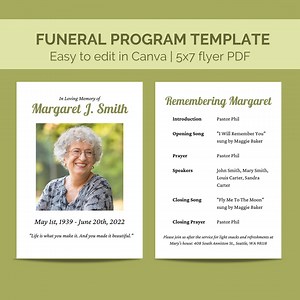 Simple Funeral Program | Two-sided Obituary Template | Editable in Canva | 5x7'' - Etsy