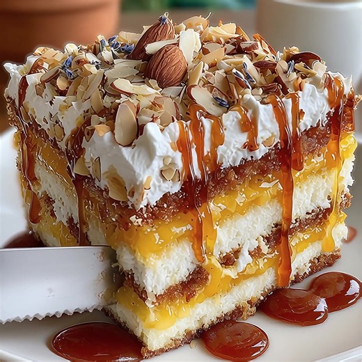 Toasted Almond Vanilla Layer Cake with Honey-Lavender Drizzle 🍰🍯✨ Experience a delicate blend of warm almond, classic vanilla, and fragrant floral notes! Our Toasted Almond Vanilla Layer Cake features light, moist vanilla cake layers (implied by the flavor name) filled with creamy frosting (implied) and coated in a crunchy toasted almond/nut crumb. This elegant cake is crowned with a beautiful, aromatic Honey-Lavender Drizzle and finished with piped cream rosettes. Ingredients For the Vanilla 