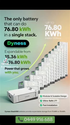🔋 Introducing the Dyness STACK100 — 51.2 kWh in One Single Stack Engineered for Australian homes and businesses, the STACK100 delivers powerful, scalable energy storage in a sleek, rackless design. With a full 51.2 kWh in a single tower, it’s the perfect solution for high-demand applications, backup systems, and off-grid performance. ✨ Key Advantages: • Massive 51.2 kWh capacity in one clean, compact stack • Modular & expandable architecture • Ultra-safe LFP technology for long life and stabili