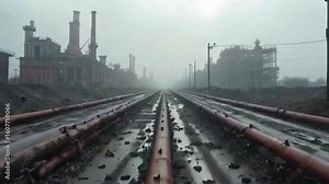Gloomy industrial landscape with pipes leading to factory under a misty sky evokes environmental concerns, industrial decay and post-apocalyptic scenarios