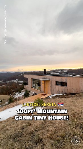 What do you think of this 400-sqft single-level mountain cabin? One of my favorite stays in Serbia! 🇷🇸 Inside, there is a spacious floor plan with a beautiful galley kitchen, a large living room with a couch & fireplace, a balcony with incredible views of the surrounding mountains, a private bedroom with a small desk, & a full bathroom with a tile shower! #tinyhouse #tinyhome #cabin #mountaincabin #cabinlife | Alan Toscano