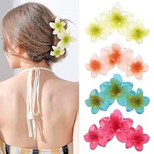 4PCS Flower Hair Clips Claw Clips for Thick Hair Non-Slip Strong Hold Flower Clip Cute Plumeria Hair Clips for Women Girls (Colorful)