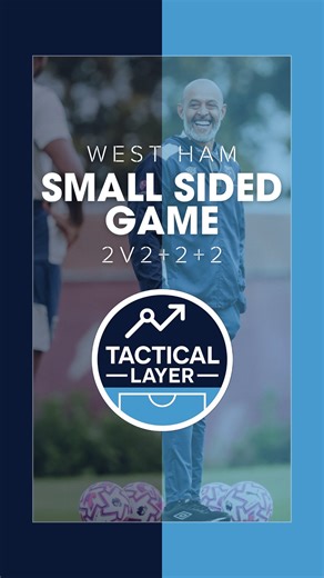 Elite Football Coaching Content on Instagram: "West Ham Directional 2v2+2+2 Game ⚒️⚽ A small-sided directional game that builds decision-making, movement, and 1v1 play. ⚽ Setup: 6v2 in possession — outside players limited to 1 touch. Central players combine with neutrals to escape their markers and finish in mini goals. 🔥 Rule tweaks: – 1-touch finish. – Must combine with a neutral before scoring. – Flow into 4v4 or the same format game with goalkeepers and big goals. 📌 Save this for your next