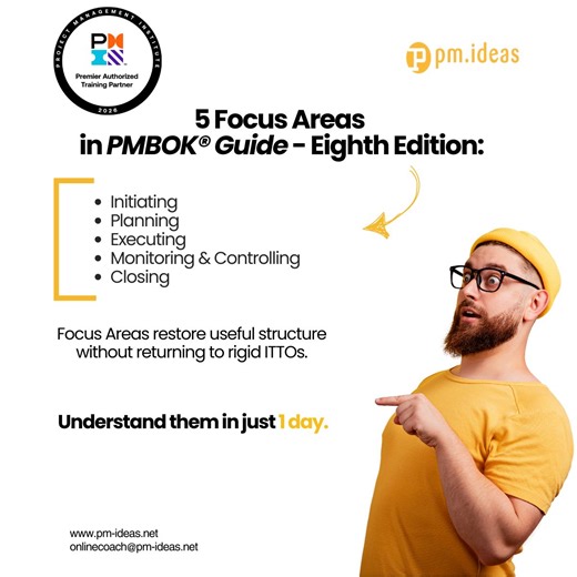 🧩 PMBOK® Guide - Eighth Edition: Focus Areas Are Back. Yes, the process structure is back. PMBOK® Guide – Eighth Edition introduces 5 Focus Areas that restore clarity without old-school rigidity. If you’ve missed structure since PMBOK® Guide – Sixth Edition … this is your moment. Learn how to apply the Focus Areas in real projects. 🔥 Join our 1-day alignment course https://bit.ly/4oxuA2b. | PM.Ideas Pty Ltd