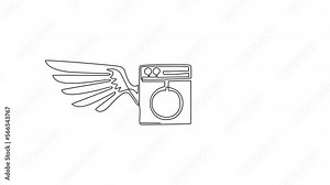 Animated self drawing of continuous line draw laundry machine with wings. Electric clothing wash and cleaning service. Editable design for shop, store, business company. Full length one line animation