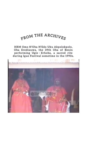 Benin City (Africa’s Ancient CITY OF BRONZE🌆) on Instagram: "Throwback to this rare 1990s clip of HRM Omo N’Oba N’Edo Uku Akpolokpolo, Oba Erediauwa, the 39th Oba of Benin, performing Ugie-Erhoba, one of the most sacred rites of the Igue Festival. Beyond the ritual itself, this footage feels like a time capsule, capturing an era when tradition, pageantry, and everyday life flowed seamlessly together. From the fashion styles to the movement of the chiefs, the crowd energy, and the unmistakable v