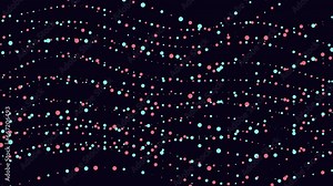 Seamless pattern of red and blue dots on a black background arranging in a wave like pattern, creating a visually interesting and dynamic design applicable in various contexts