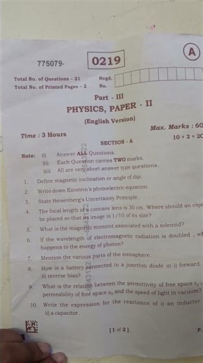 intermediate 2nd year physics important model papers 2026 full paper in long videos #intermediate