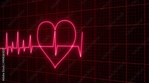 Abstract Glowing Neon Heart Beat Single Loop Animation. Cardiogram Heart Pulse Moving, Medical Science Human Heart Beat Motion Loop Bg, Neon Glowing Red Heart Pulse Loop Motion On Black Bg. Medical Ba