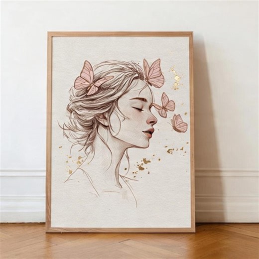 Butterfly Girl Wall Art Printable, Soft Aesthetic Line Art Poster, Feminine Bedroom Decor, Teen Girl Room Wall Art, Minimal Boho Print - Etsy