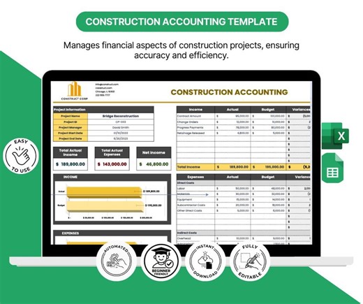Construction Accounting Template | Construction Budget Spreadsheet for Excel & Google Sheets | Project Cost Tracker | Contractor Bookkeeping - Etsy