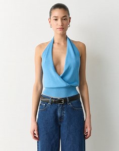Knit Drape Halter Top in Mystery Blue | Glassons