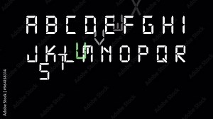 digital alphabet and numbers animation on black background, looped 3d animation of the letters of the digital alphabet and numbers animated.