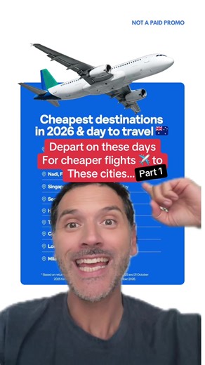 Flying in 2026? ✈️ from Australia… These destinations are cheapest depending on the day you travel 📅💰 according to Sky Scanner. Cheapest destinations in 2026 & day to travel 🇦🇺 📍 Cairns, Australia — Thursday 📍 Queenstown, New Zealand — Tuesday 📍 Nadi, Fiji — Saturday 📍 Singapore, Singapore — Saturday 📍 Seoul, South Korea — Sunday 📍 Hong Kong, China — Tuesday 📍 Taipei, Taiwan — Sunday 📍 Colombo, Sri Lanka — Monday 📍 London, United Kingdom — Sunday 📍 Milan, Italy — Sunday *Based on r