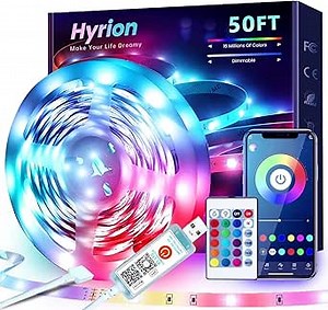 hyrion 50ft USB-Powered RGB LED Strip Lights, Music Sync & Sound-Reactive Color Changing Lights for Bedroom, TV Backlight, Gaming Setup, Bluetooth, IR Remote & Smart App Control