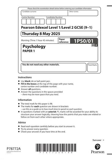 Pearson EDEXCEL GCSE Psychology Paper 1 2025