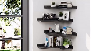 4-Tier Corner Floating Shelves, Rustic Pine Corner Shelves Wall Mounted, L-Shaped Floating Corner Shelves for Wall Storage, Creative Corner Wall Shelves for Bedroom,Bathroom&Any Room-Black