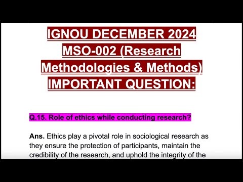 IGNOU DECEMBER 2024🤩 MSO-002💯 IMPORTANT QUESTION😎🥳 Role of ethics while conducting research?✅💫 #mso