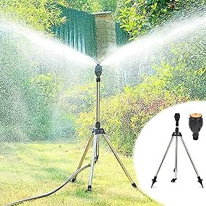 Rotating Tripod Sprinkler, 360 Degree Automatic Yard Sprinkler, Stainless Steel and Plastic, Adjustable Height Irrigation Sprinkler for Lawn and Garden