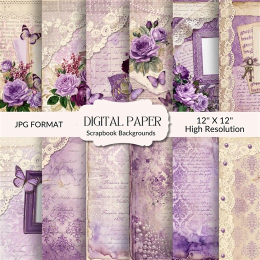 Vintage Lavender Digital Paper Pack, 12x12, Scrapbook Paper, Purple Backgrounds, Printable Paper, Junk Journal Paper (digital Download) - Etsy