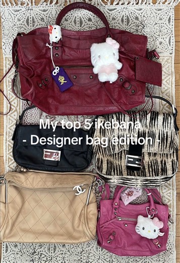 My top 5 ikebana bags, designer bags edition. 1. Classic Fendi baguette in black with red stone details 2. Classic Balenciaga city bag in red 3. Beige silver hardware Chanel bag 4. Zebra pony hair Fendi baguette 5. Baby mini size Balenciaga city bag in pink #designerbags #fendi #balenciaga #chanel #ikebana