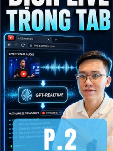 Biến trình duyệt thành phiên dịch viên realtime bằng GPT (P.2) Mình thử GPT-Realtime-Translate để nghe audio từ tab YouTube/livestream và dịch sang tiếng Việt gần như trực tiếp. Test được tiếng Anh, Hàn, Tây Ban Nha → tiếng Việt. Bạn muốn mình làm tiếp bản dịch Google Meet / Zoom realtime không? #AI #aivietnam #ChatGPT #GPTrealtime #claude #aitrend #gemini #ainews #gptrealtime