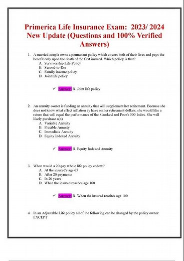 PRIMERICA LIFE INSURANCE EXAM 2023 2024 NEW UPDATE QUESTIONS AND 100 VERIFIED ANSWERS