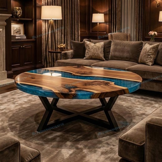 Metallic Blue Resin Round Coffee Table – Natural Solid Wood Dining Table – Handmade Custom Furniture - Etsy