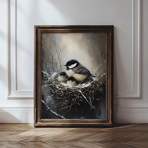 Winter Chickadee Printable Wall Art, Bird Family Illustration, Cozy Nature Wall Decor, Woodland Nursery Art, Vintage Winter Bird Painting - Etsy