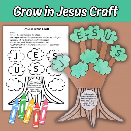 Grow in Jesus Tree Craft Printable Activity for Kids Sunday School Bible Lesson, Children's Color Cut and Paste Church Activity 2 Peter 3:18 - Etsy