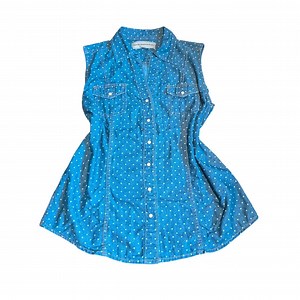 Lightweight blue denim button up shirt with white... | Depop