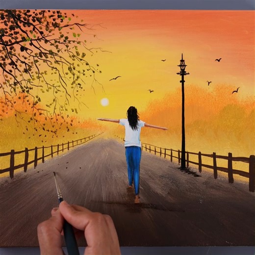 Girl Walking at Sunset Acrylic Painting #Sunset #Acrylic #Painting #artwork | Zil Acrylic Painting