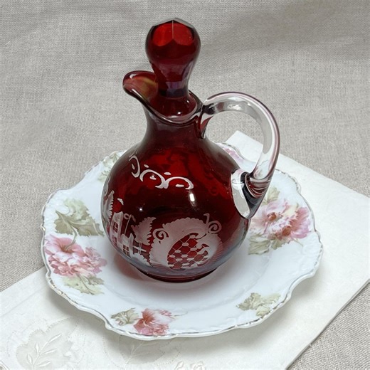 Bohemian Czech Red Glass Pitcher Cruet Cut to Clear Egermann - Etsy