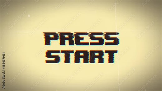 PRESS START in a pixel art style, complete with vintage film grain, glitch, and and chromatic aberration.