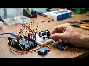 Projecto com arduíno uno e 2 servo motor 1 sensor de distância 1 led ( montado na mesa ligado )