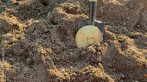 Bitcoin in soil after extraction. Сryptocurrency trading exchange. Bitcoin BTC mining, extraction. Bitcoin mining. Crypto capitalization growth. Bitcoin BTC coins mining in ground. Digger Dig a Crypto