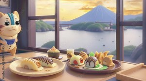 Various types of cakes on the restaurant table. *Seamless looping time lapse animation video background* by AI. Stock Video