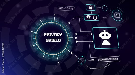 Advanced privacy shield interface with robotic icon for secure identity protection and encrypted data communication, hud animation