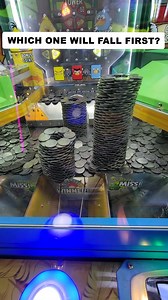 Which tower of coins that are on the edge will fall first? 🤔 #coinpusher #daveandbusters #arcadegames #satisfying #coins #reels #reelsfb | Arcade Matt