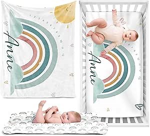 Personalized Boy Crib Bedding Set for Infant Baby: Custom Name Nursery Decor Rainbow Green Baby Blanket Fitted Crib Sheet Changing Pad Cover 3 Pcs(Fixed Size)