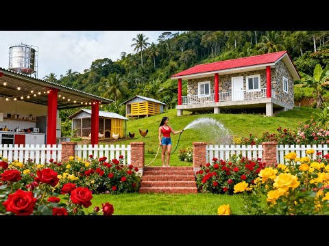TIMELAPSE - Alone in the Forest: A Girl Plants Grass, Flowers, Builds Embankments & Kitchen Stairs