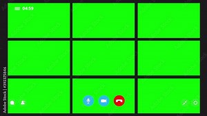 Nine monitor Video Call meeting conference interface animation with single large monitor. Group conference PC screen. Remote call and chat in team. Virtual education. Green screen chroma key.