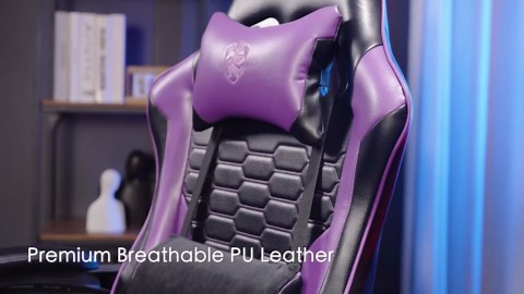 Gaming Chair,Computer Office Chair with Footrest,Massage Lumbar Support and Gel Pad,Ergonomic Reclining Adjustable Leather Gamer Chair with Headrest and Spring Cushion Purple