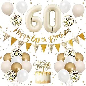60th Birthday Decorations Sand White Gold,60th Birthday Balloons Beige Gold,Happy 60th Birthday Banner with Cake Toppers Number 60 Balloons for Women Men Birthday Party Decorations