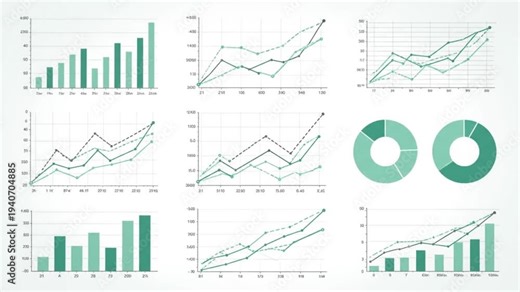 A comprehensive collection of various financial and business charts and graphs displaying data analysis, trends, and statistical information for corporate presentations and reports.