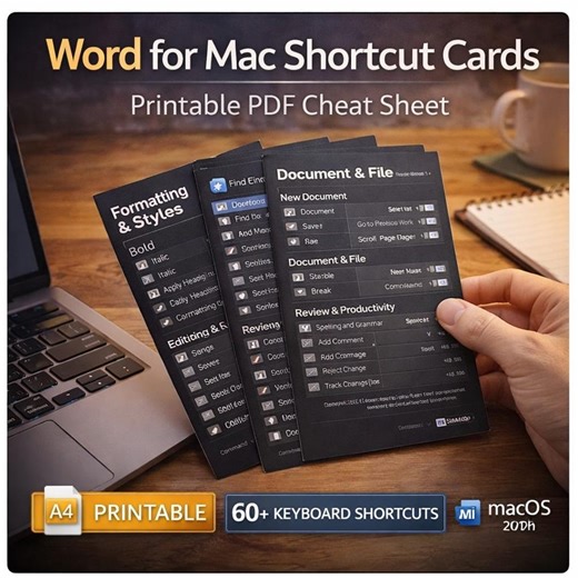 Word for Mac Shortcut Cards | Printable PDF Cheat Sheet | 60  Keyboard Shortcuts Macos 2026 - Etsy