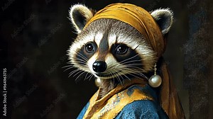 A raccoon dressed in historical attire resembling classic art in a creative and whimsical portrait