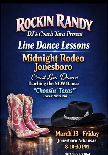 Rockin Randy DJ 🤠🎧 and Coach Tara bringing the heat with Coast Line Dance — come learn the BRAND NEW line dance “Choosin’ Texas” with us! New dance drop, good vibes, and everyone’s welcome on the floor. ✨💃 #LineDance #JonesboroArkansas #CoastLineDance #CountryDance #choosintexas @Coast Line Dance @tinydes19 @Dakota S. Davis @Lani Sprinkle @Lani Sprinkle @Maddi @HelloGoodbye0226 @liv!! @Kenia @Ella Langley