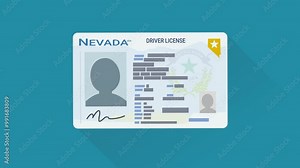 Animation of a hand presenting a Nevada state driver's license in the middle of the screen on blue background with long shadow (flat design)